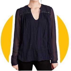 TINY Navy Blue Embroidered Sheer Sleeve Peasant Blouse M